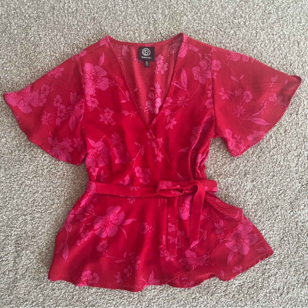Red and pink floral wrap shirt